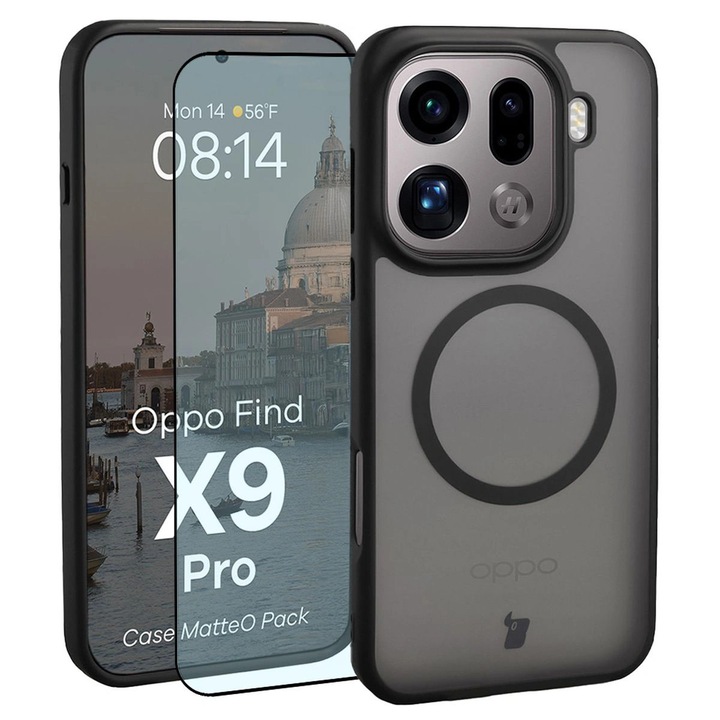 Husa compatibila cu Incarcare Magsafe + Sticla de protectie Bizon MatteO Pack pentru Oppo Find X9 Pro, Colorata cu rama neagra