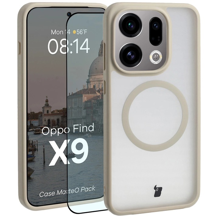 Husa compatibila cu Incarcare Magsafe + Sticla de protectie Bizon MatteO Pack pentru Oppo Find X9, Colorata cu rama bej