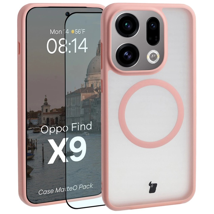 Husa compatibila cu Incarcare Magsafe + Sticla de protectie Bizon MatteO Pack pentru Oppo Find X9, Colorata cu rama roz deschis