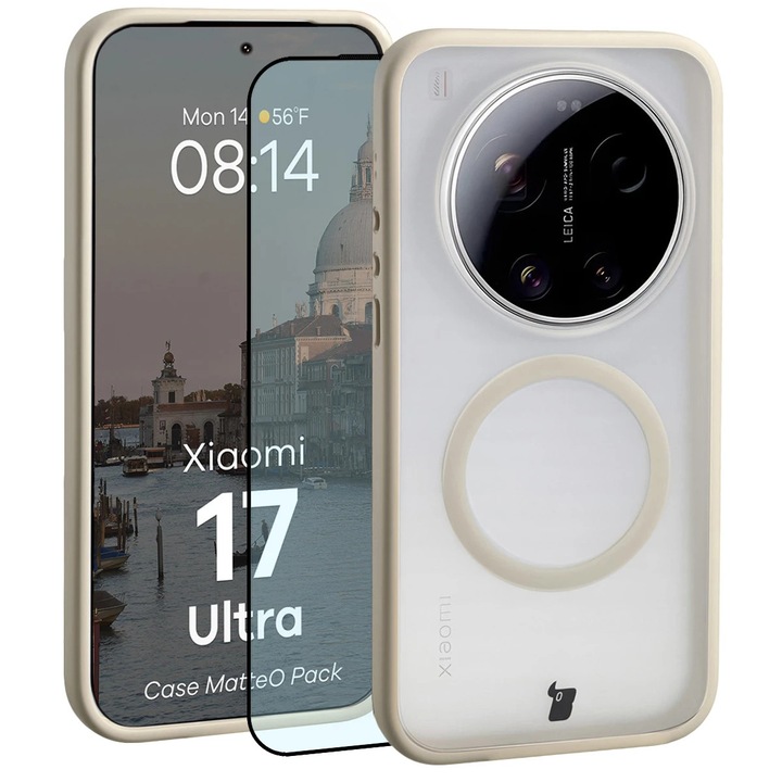Husa compatibila cu Incarcare Magsafe + Sticla de protectie Bizon MatteO Pack pentru Xiaomi 17 Ultra, Colorata cu rama bej