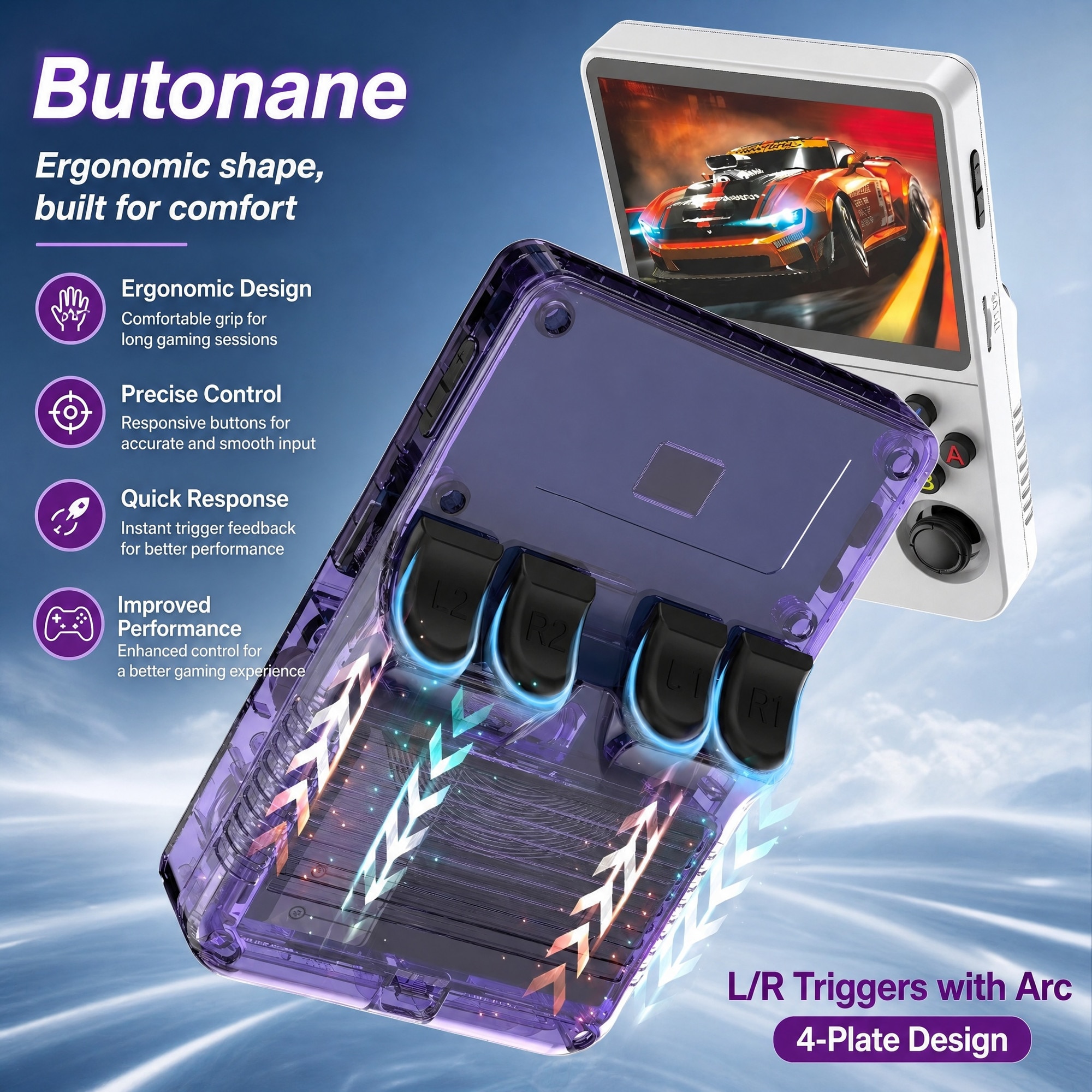 Consolă portabilă retro Bluvista, 3, 5 inci, joystick de înaltă precizie, 64GB, mov transparent