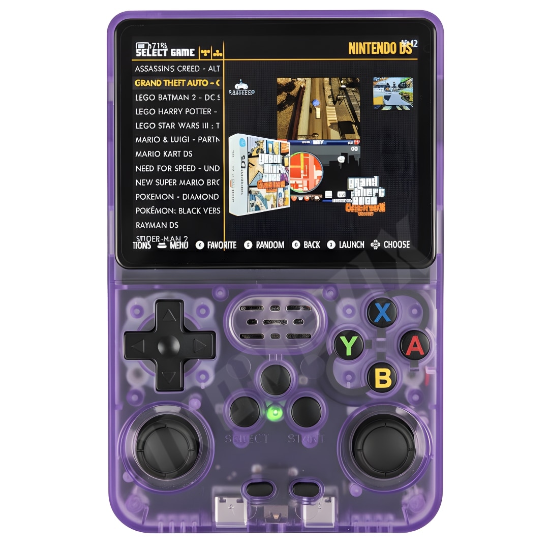 Consolă portabilă retro Bluvista, 3, 5 inci, joystick de înaltă precizie, 64GB, mov transparent