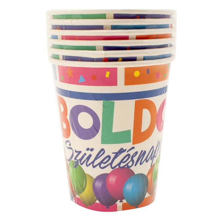 Set de 6 pahare din hartie inscriptionate "La multi ani", 2 dl fiecare