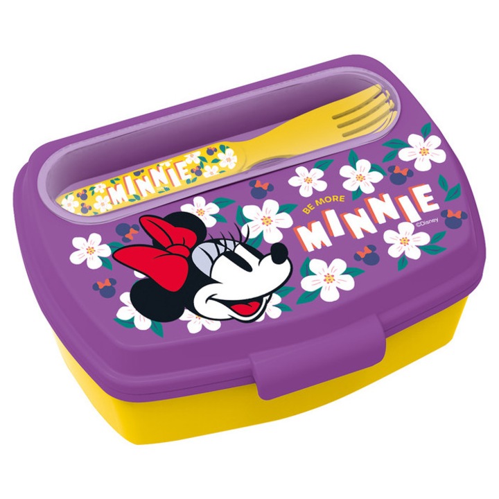 Műanyag Minnie szendvicstartó, kanál+villa