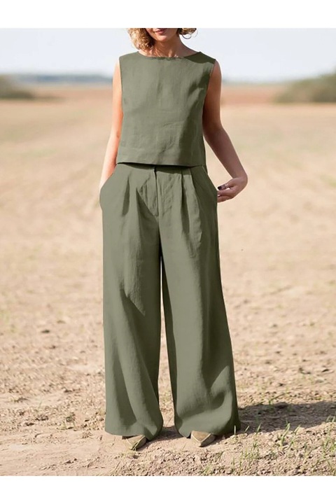 Set casual top pantaloni largi, kaki, Kaki