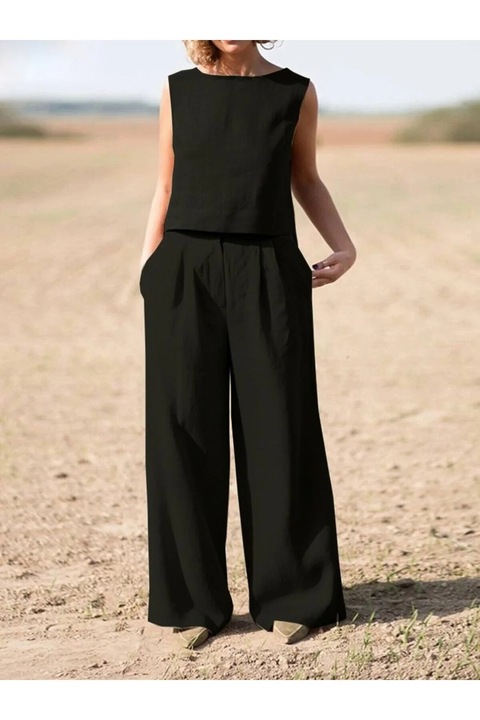 Set casual dama, top fara maneci pantaloni largi, negru, Negru