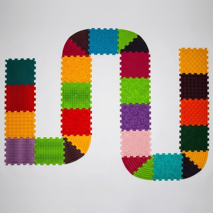 Set 18 Module Covoras + 10 Module Triunghiulare Rotative pentru Kinetoterapie la Domiciliu, Comando BioStep, Texturi Mixte, pentru Profilaxie Picior Plat, Intarire Talpi, Dezvoltare Perceptie Senzoriala la Copii, Reflexoterapie, Hipoalergenic, Multicolor