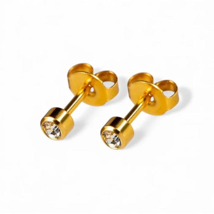 Cercei medicinali hipoalergenici, cristal transparent, metal galben, pentru nou-născuți, aprilie