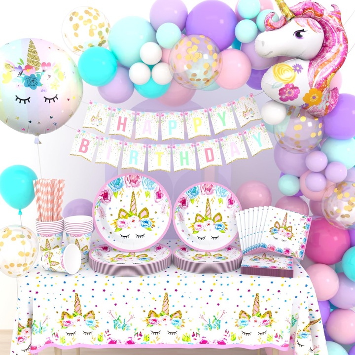 Set 144 piese vesela si baloane petrecere Unicorn, Farfurii de carton pentru petrecere aniversara copii