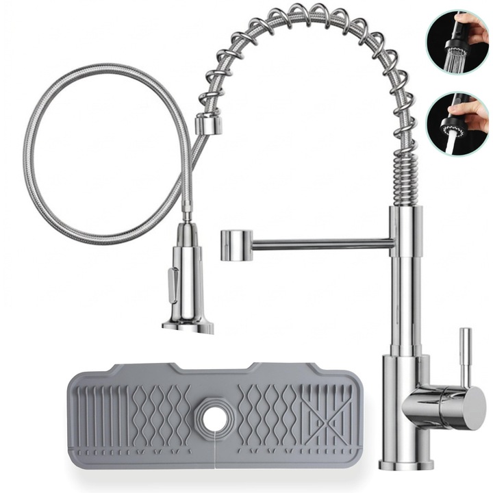 Baterie chiuveta bucatarie cu pulverizator extensibil GABOS®, robinet chiuveta cu dus extractabil, 3 functii jet/spray/cascada, rotativ 360°, monocomanda, baterie bucatarie inox, instalare rapida, compatibil 1 sau 3 orificii, design premium, arigintiu