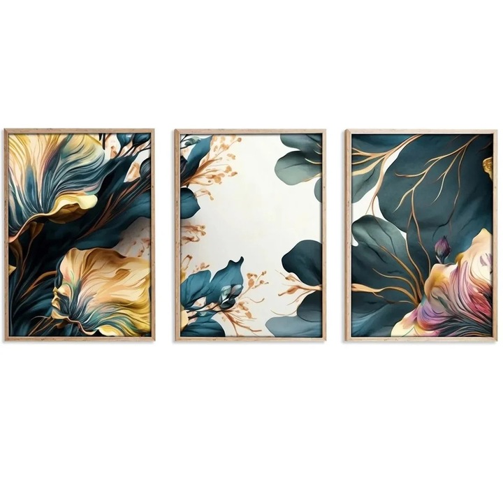 Set tablou decorativ Re-Bloom, 3 piese, MDF/lemn masiv, multicolor, 50 x 70 cm
