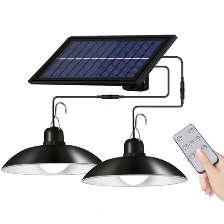 Lampa Solara Dubla Suspendata cu 2 Candelabre si Panou Fotovoltaic Separat, IP65 Rezistenta la Apa, Iluminare LED pentru Terasa, Gradina, Foisor si Spatii Exterioare