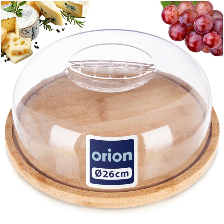 Platou Rotund Pentru Servire Cu Capac, Orion, 26x10 cm, Lemn De Bambus Si Plastic, Natur/Transparent, Tocator Cu Clopot Protector Impotriva Uscarii Si Insectelor, Ideal Pentru Branzeturi Aperitive Si Deserturi, Ecologic Si Rezistent