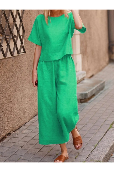 Set casual dama, top pantaloni largi verde, Verde