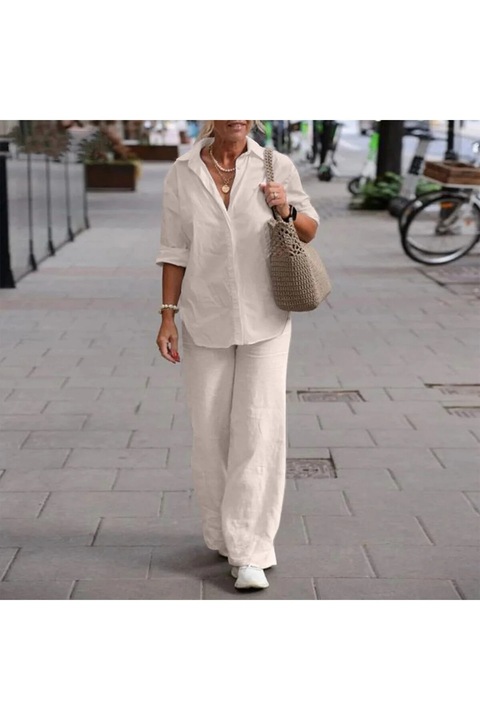 Set casual lejer guler tip pantaloni largi, ecru, Ecru