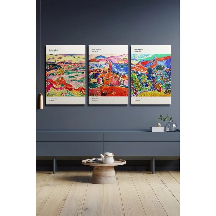 Set tablou decorativ Re-Bloom, 3 piese, panza/lemn, multicolor, 50 x 70 cm