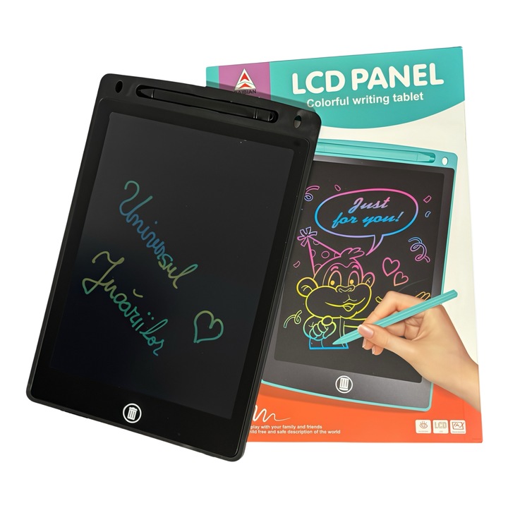 Tableta LCD scris si desen 12 inch, tableta grafica copii, ecran color, reutilizabila, cu stylus, functie stergere rapida
