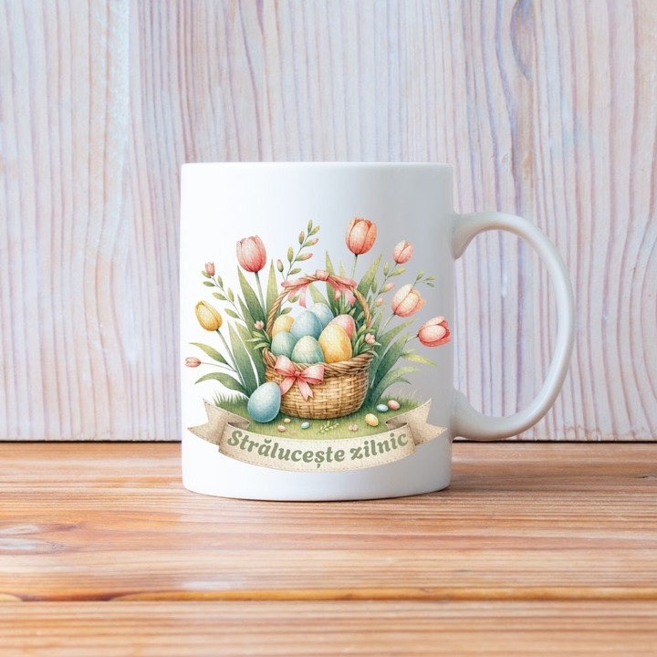 Cana cu mesaj „Straluceste zilnic” – Cos cu oua de Paste si lalele, design elegant, cadou de primavara