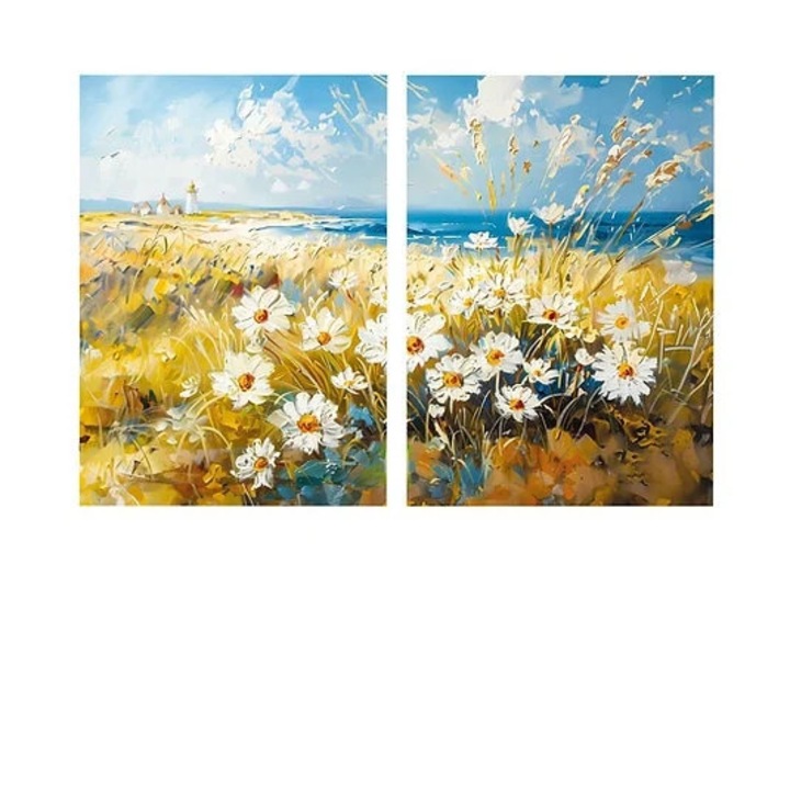 Set tablou decorativ Re-Bloom, 2 piese, model floral, panza/lemn, multicolor, 160 x 120 cm