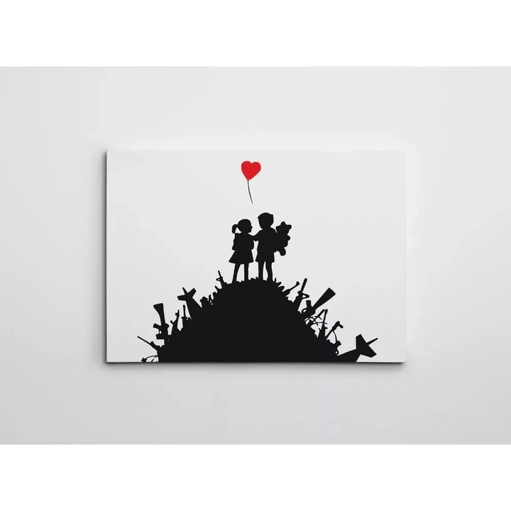 Tablou decorativ Re-Bloom, panza/lemn, negru/alb/rosu, 50 x 70 cm