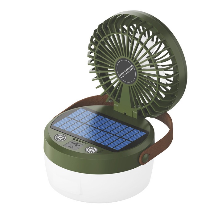 Lampa cu ventilator, cu lumina solara, 4 niveluri de iluminare, ORBER, 3 niveluri de viteza a ventilatorului, potrivita pentru exterior, ABS, 11, 5 × 11, 5 × 10 cm, verde