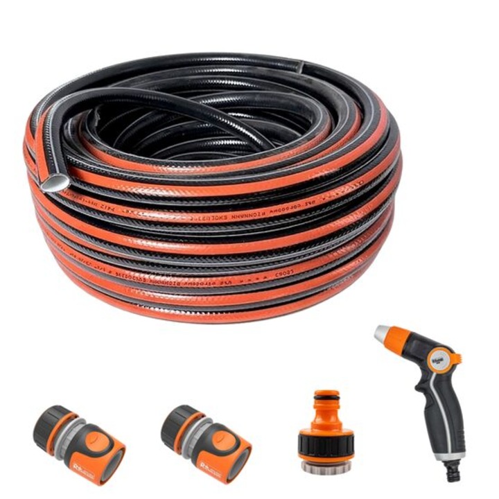 Kerti tömlő, 4 rétegű, flexibilis, erősített, 1/2, 20 m, csatlakozók, adapter, szórópisztoly, Richmann Exclusive