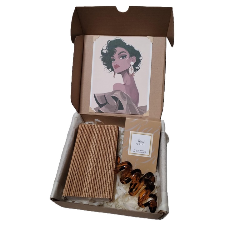 Set cadou Avon Rare Gold, parfum 50ml, cutie depozitare bambus, accesoriu pentru păr, nuanțe calde