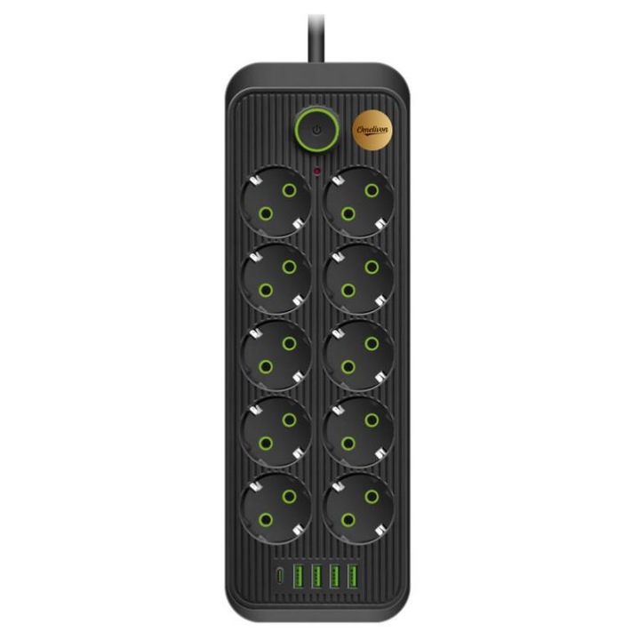 Разклонител 15 в 1, 10 контакта, 4 USB порта, 1 Type-C порт, черен, 34,5x18,8x4см