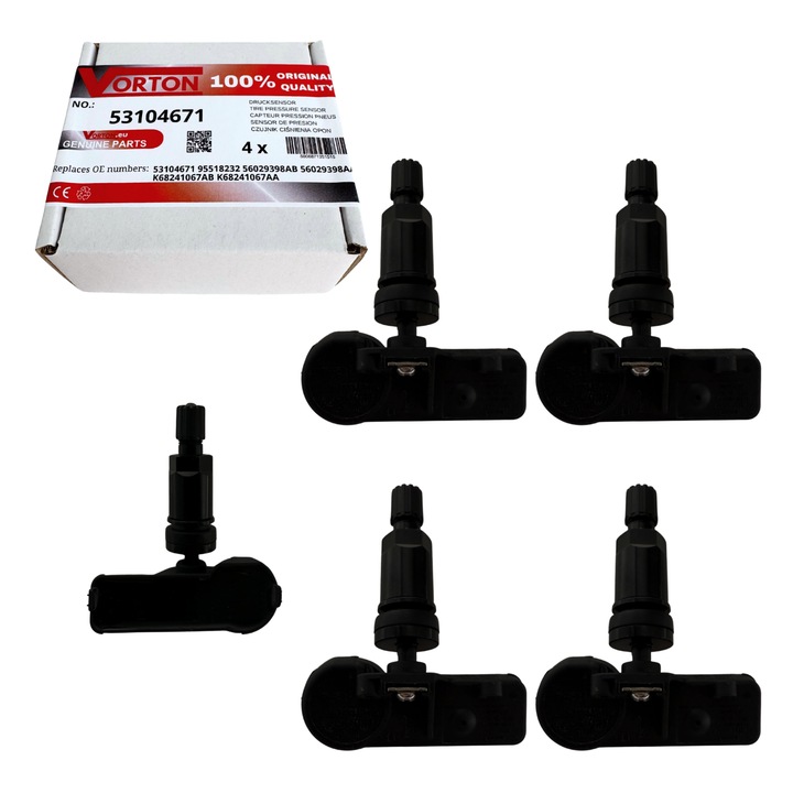 Set 4 Senzor de presiune in pneuri TPMS preprogramat VORTON Supapa roata negru pentru JEEP Wrangler CHRYSLER Town Country DODGE Charger Challenger RAM FIAT Freemont OPEL Combo D LANCIA Thema 53104671