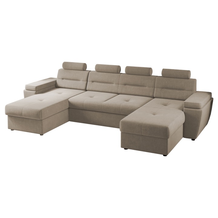 Coltar U Sik, extensibil, cu lada depozitare, stofa, 330 x 175 x 93 cm, Cappuccino