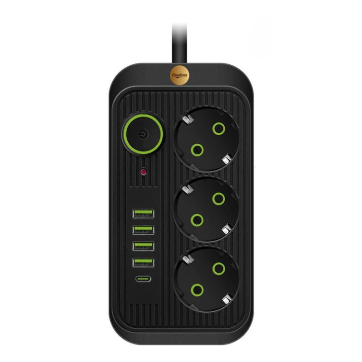 Omelivon 5 az 1-ben hosszabbító, 3 aljzat, 4 USB port, 1 Type-C port, fekete, 2m
