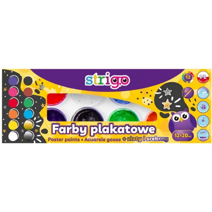 Set 12 acuarele guase pastel cu pensula, Strigo, multicolor