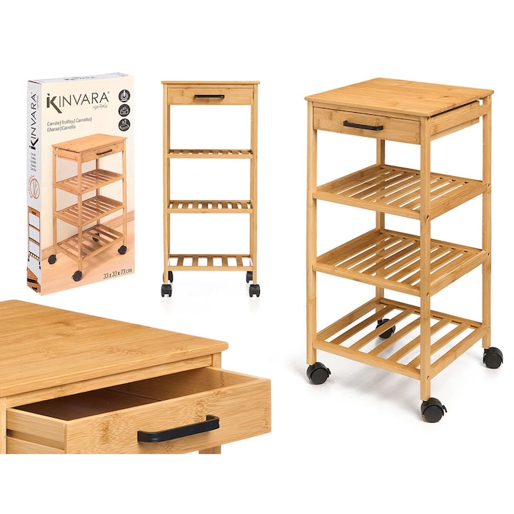 Cărucior bucătărie KINVARA, bambus natural, 3 rafturi, sertar, 4 roți cu frână, 33x33x73 cm