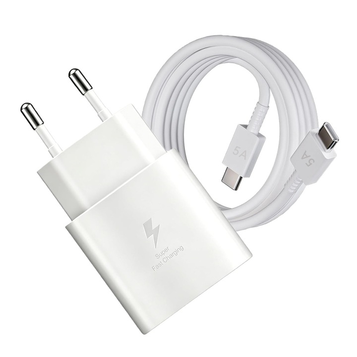Incarcator rapid de perete 25W USB-C, set 2 bucati cu cablu Type-C, culoare alb, compatibil cu Samsung Galaxy S25 S24 S23 S22 S21 S20 Ultra A56 A55 A54 A53 A16 A15, iPhone si Xiaomi, alb, 1 bucata