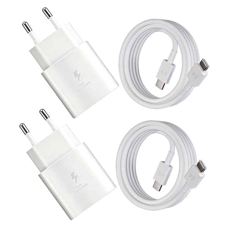 Incarcator rapid de perete 25W USB-C, set 2 bucati cu cablu Type-C, culoare alb, compatibil cu Samsung Galaxy S25 S24 S23 S22 S21 S20 Ultra A56 A55 A54 A53 A16 A15, iPhone si Xiaomi, alb, 2 bucati