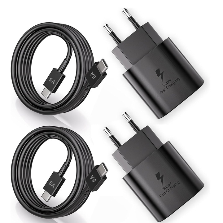 Incarcator rapid de perete 25W USB-C, set 2 bucati adaptor cu cablu Type-C, compatibil cu Samsung Galaxy S25 S24 S23 S22 S21 S20 Ultra A56 A55 A54 A53 A16 A15, iPhone si Xiaomi, negru, 2 bucati