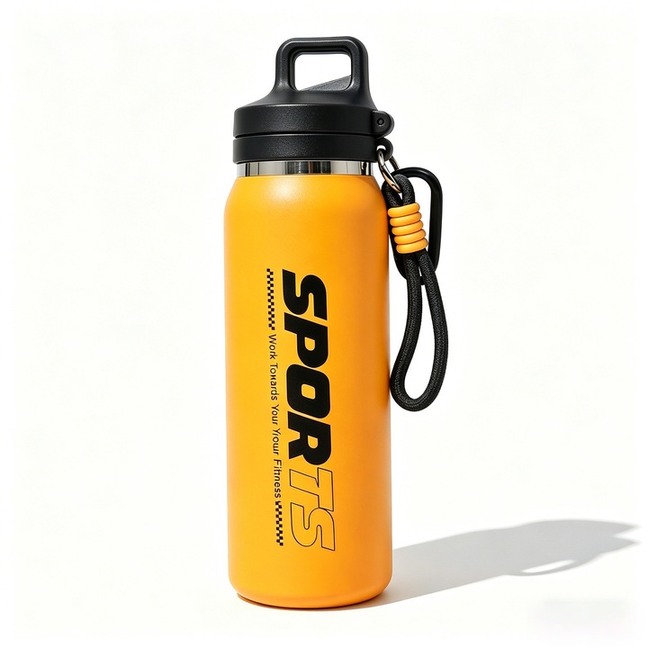 Simplori, termos sport cu doua moduri de baut din otel inoxidabil 316, 600ML, pentru sport, casa, masina, birou, exterior si calatorii. Culoare: portocaliu