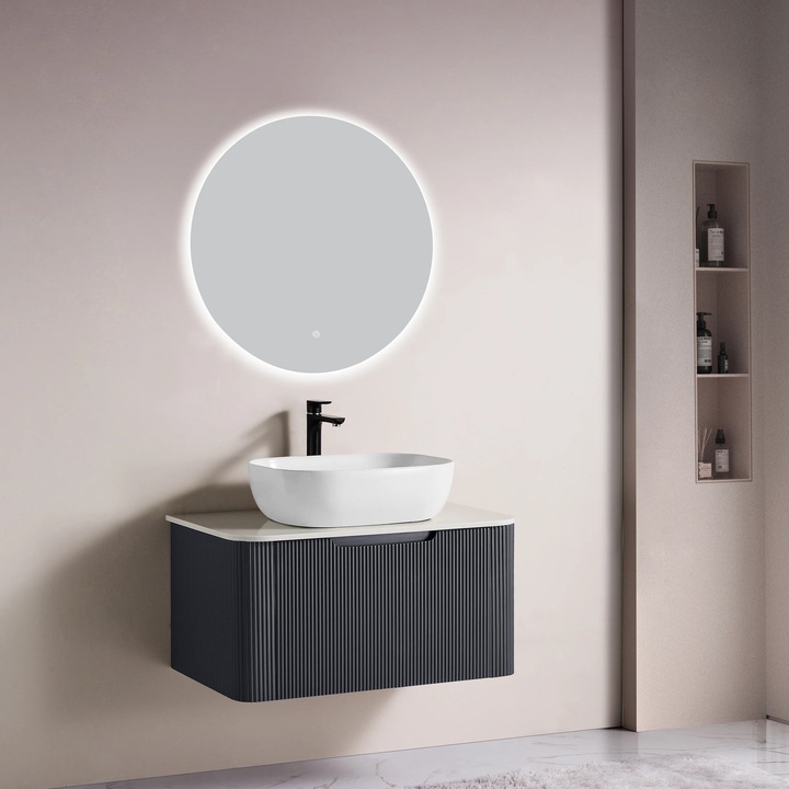 Set complet mobilier baie suspendat Milano cu lavoar si oglinda LED rotunda – Gri - 80