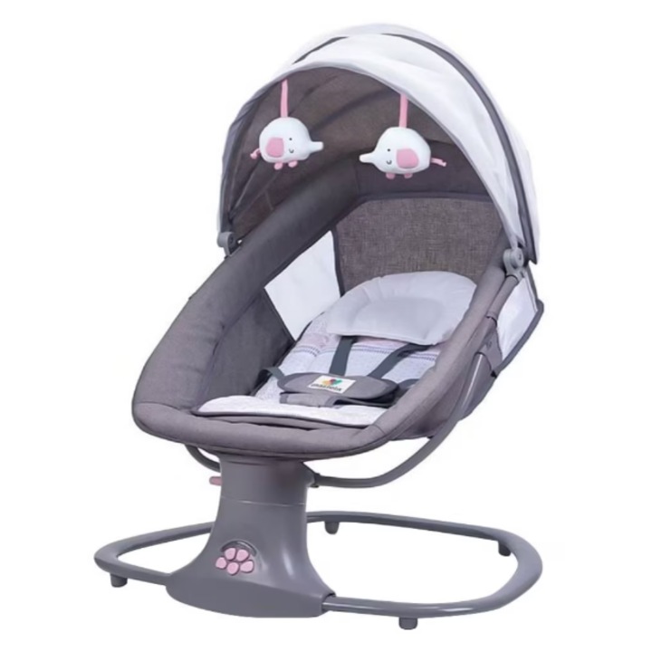 Balansoar bebelusi 3 in 1 electric, telecomanda si bluetooth, perna detasabila, plasa anti-tantari, roz