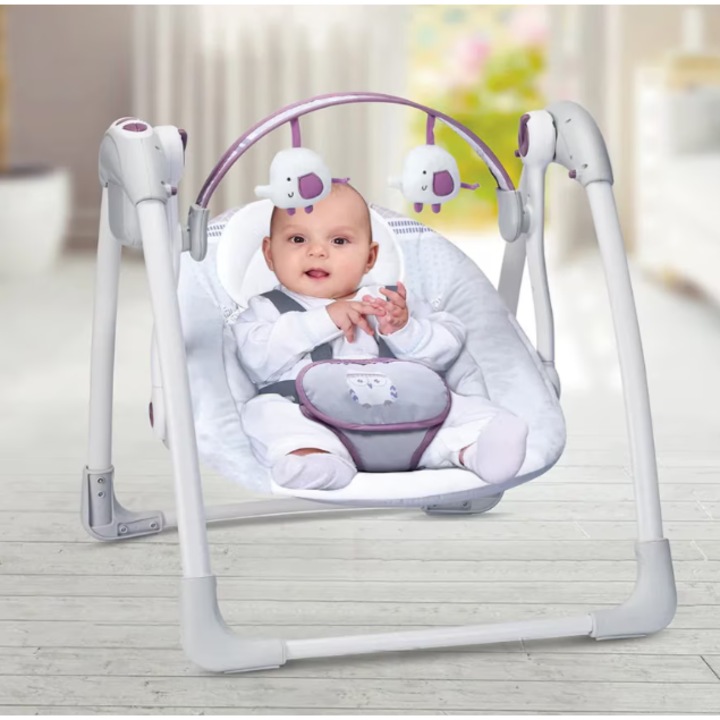 Leagan electric pentru bebelusi, 7 melodii, 3 sunete naturale, 2 pozitii reglare scaun, centuri siguranta, gri