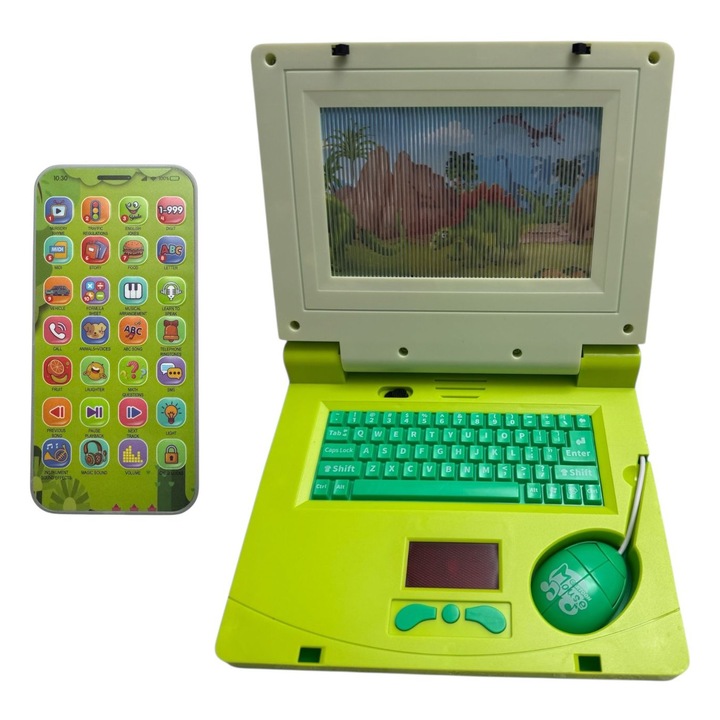 Set Cadou Interactiv pentru Copii - Telefon Educativ + Laptop cu Tastatură și Mouse, Verde, 3+ ani
