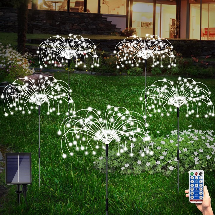 Set 5 lampi solare decorative de exterior, Aiorber, alb colorate, courtyard, garden lights, 8 moduri de iluminare, 120 LED, IP65, telecomanda, usor de instalat, decoratiuni exterioare de peisaj
