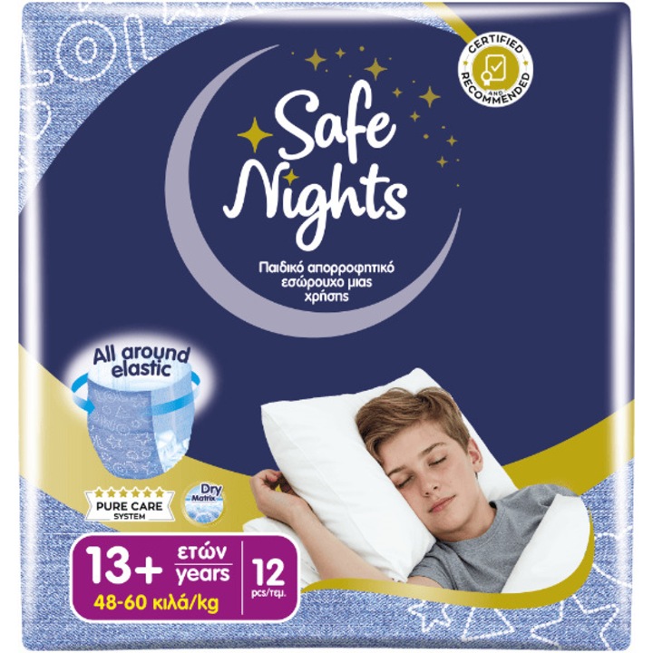 Babylino Scutece pentru Baieti Safe Nights, 12 bucati, 48-60kg, 13+ ani, tehnologie Dry Matrix, control mirosuri