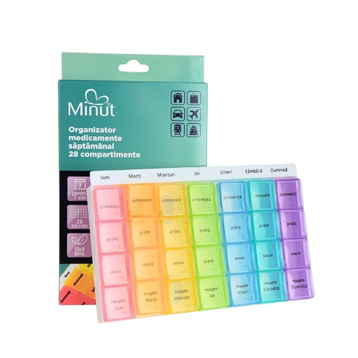 Organizator Medicamente Saptamanal, Minut, 28 Compartimente, Detasabile, Plastic