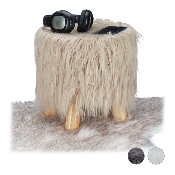 Northio kerek puff, műszőrme, fehér, 40x40cm