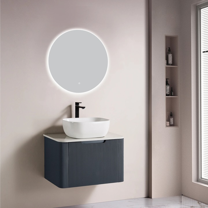 Set mobilier baie suspendat Milano, cu lavoar ceramic tip bol și oglindă LED rotundă, gri, 60x50x40cm