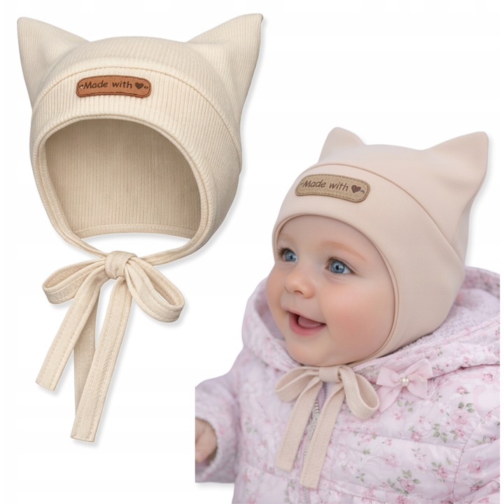 Caciula pentru copii cu urechi, Dartomik, 34-36, bumbac, legata sub barbie, bej