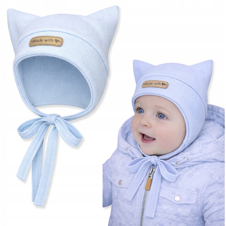 Caciula pentru copii cu urechi, Dartomik, 34-36cm, bumbac, legata sub barbie, albastra