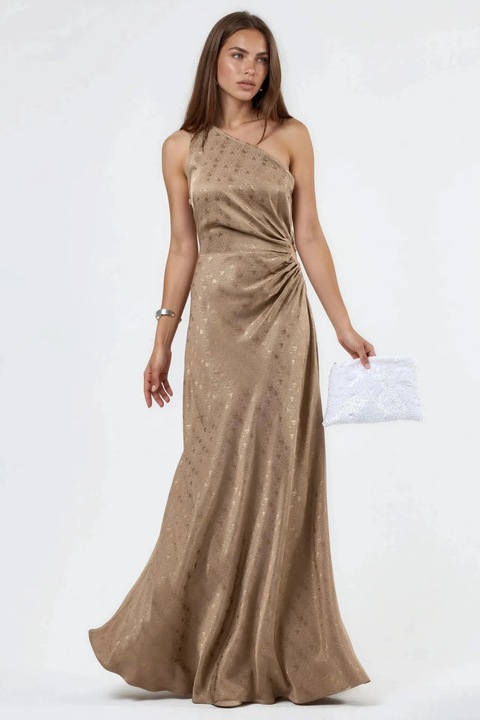 Rochie maxi, HiCCUP, asimetrica, cu un umar gol, maro, satin