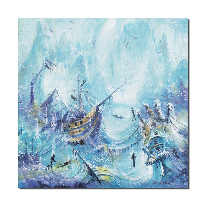 Tablou suprarealist pictat manual, Vanatorii de comori, 60x60cm acril pe panza, Mircea Iordache